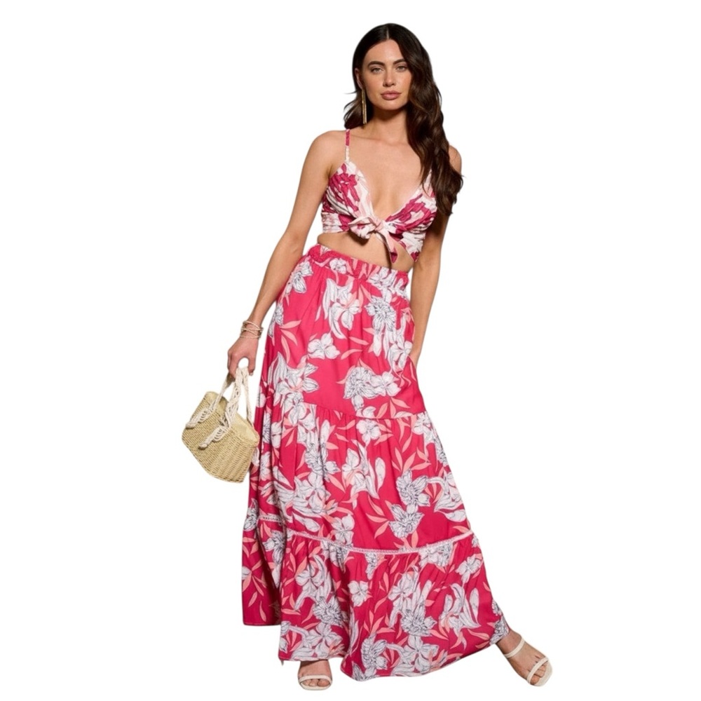 FLAMINGO BLOOM FLORAL CROP TOP MAXI SKIRT SET